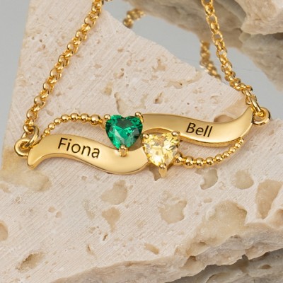 Personalized 2 Names Birthstone Necklaces For Soulmate Girlfriend Valentine's Day Anniversary Gifts