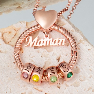 Personalized Circle Pendant Necklace with Engraved Name and Birthstone Beads For Christmas Mother's Day