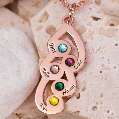 Personalized Engraved Family Pendant Necklace with 5 Names and Birthstones For Mother's Day Christmas