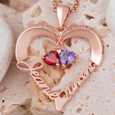 Personalized Heart Necklaces With 2 Name and Birthstone For Soulmate Girlfriend Valentine's Day