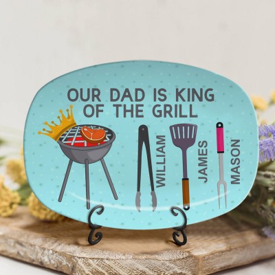 Personalized BBQ Dad Plate With Kids Name Our Dad Is King Of The Grill For Father's Day