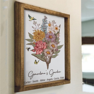 Custom Grandma's Garden Birth Flower Bouquet Art Wood Sign For Mom Grandma Christmas Gift Ideas