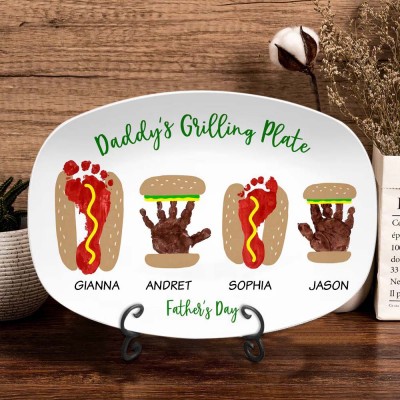 Personalized Burger Hot Dog Handprint Footprint Plate With Name For Father's Day
