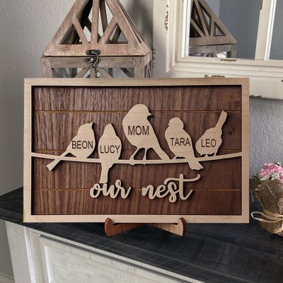 Bird Family Wood Sign Our Nest With Name Engraved Home Decor Custom Gift for Mother's Day Christmas