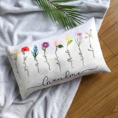 Custom Grandma Pillow With Kids' Names & Birth Month Flowers For Mother's Day