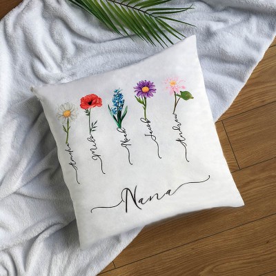 Custom Nana Pillow With Kids' Names & Birth Month Flowers For Mother's Day