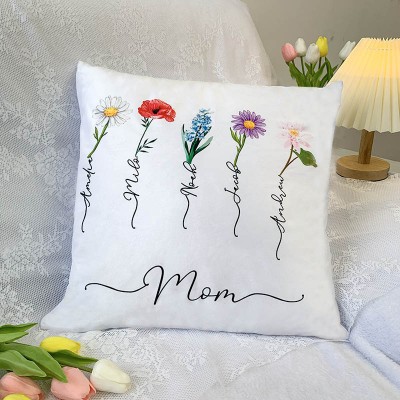 Custom Mom Pillow With Kids' Names & Birth Month Flowers For Mother's Day