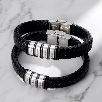 Personalized Mens Beads Braid Name Leather Bracelets With 1-10 Beads