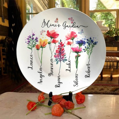 Personalized Grandma's Garden Platter With Grandkids Names and Birth Flower Unique Mother's Day Gift