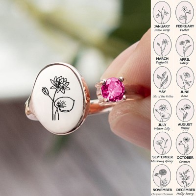 Personalized Birth Flower Ring With Birthstone July Water Lily