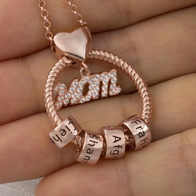18K Rose Gold Plating Linda Circle Pendant Necklace With Engraved Beads Mom Gift