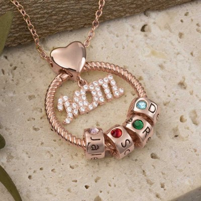 18K Rose Gold Plating Linda Circle Pendant Necklace With Engraved Name Beads Mom Birthstone Gift