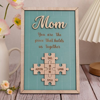 Mom Puzzle Pieces Personalized Engraved Wood Sign Home Wall Decor For Mothers Day Gift