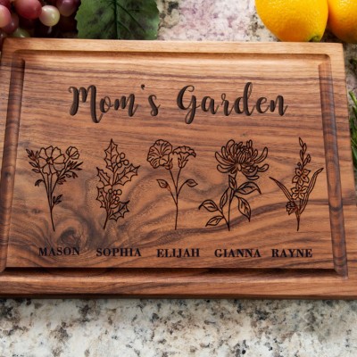 Custom Mom's Garden Kitchen Cutting Board With Kids Name and Birth Month Flower For Mother's Day Christmas