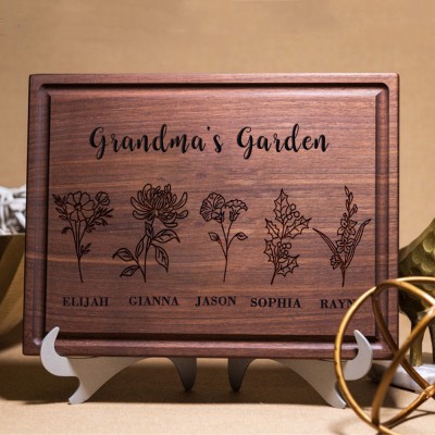 Custom Grandma's Garden Kitchen Cutting Board With Grandkids Name and Birth Month Flower For Mother's Day Christmas