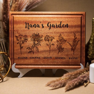 Custom Nana's Garden Kitchen Cutting Board With Grandkids Name and Birth Month Flower For Mother's Day Christmas