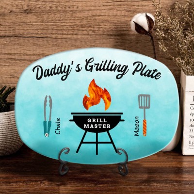 Personalized BBQ Dad Plate With Kids Name Daddy's Grilling Platter For Father's Day