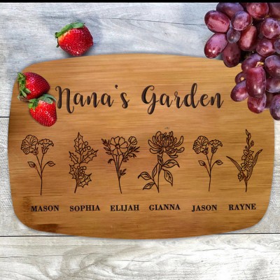 Custom Nana's Garden Kitchen Cutting Board With Grandkids Name and Birth Month Flower For Mother's Day Christmas