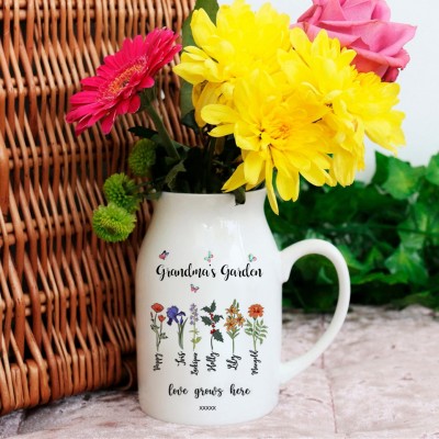 Custom Grandma's Garden Vase With Grandkids Name and Birth Month Flower For Mother's Day