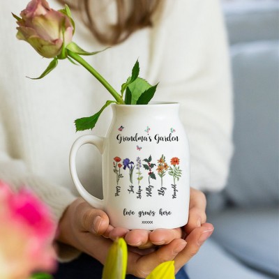 Custom Grandma's Garden Vase With Grandkids Name and Birth Month Flower For Mother's Day