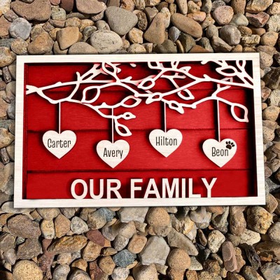 Custom Wooden Family Tree Red Sign With Name Engraved Home Decor For Mother's Day Christmas