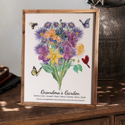 Custom Grandma's Garden Birth Flower Family Bouquet Wood Sign Art With Grandkids Name For Christmas Mother's Day