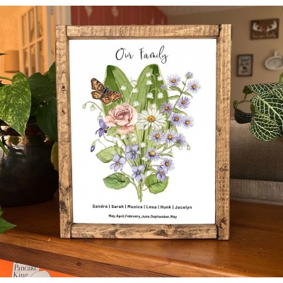 Custom Birth Flower Family Bouquet Wood Sign Art With Name For Christmas Day Gift Ideas