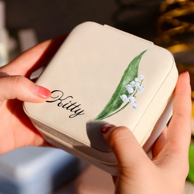 Personalized Birth Flower Jewelry Travel Boxes Bridesmaid Gift Case With Name