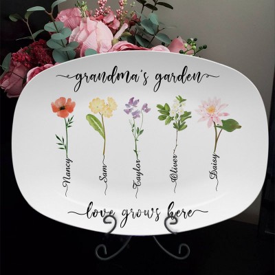 Grandma's Garden Plate Personalized Birth Month Flower Platter With Name For Mother's Christmas Day
