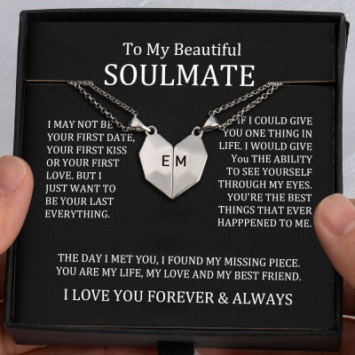 To My Soulmate Necklace 2 Pieces Personalized Magnetic Heart-Shaped Necklace Gift Ideas For Valentine's Day Anniversary