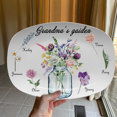 Personalized Grandma's Garden Platter With Grandchildren Name and Birth Flower For Mother's Day