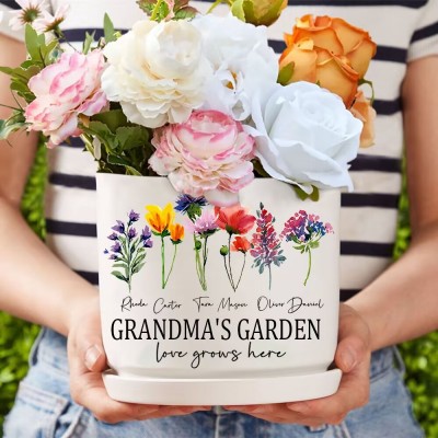Custom Grandma's Garden Plant Pot With Grandkids Name and Birth Month Flower For Mother's Day