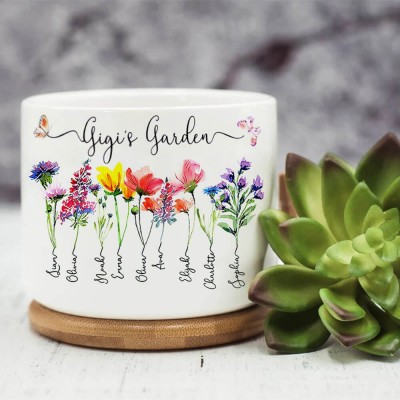 Custom Gigi's Garden Plant Pot With Grandkids Name and Birth Month Flower For Mother's Day