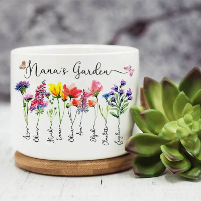 Custom Nana's Garden Plant Pot With Grandkids Name and Birth Month Flower For Mother's Day