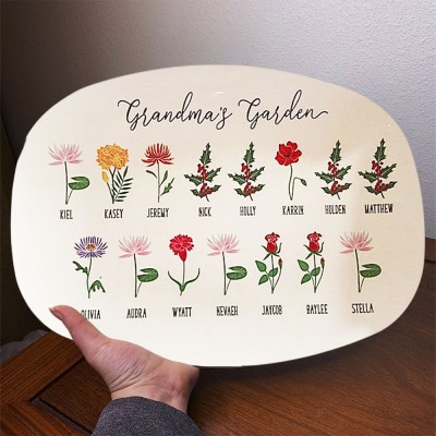 Grandma's Garden Personalized Birth Month Flower Family Platter With Grandchildren's Names