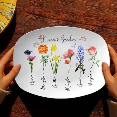 Personalized Nana's Garden Platter With Grandkids Name and Birth Month Flower For Mother's Day