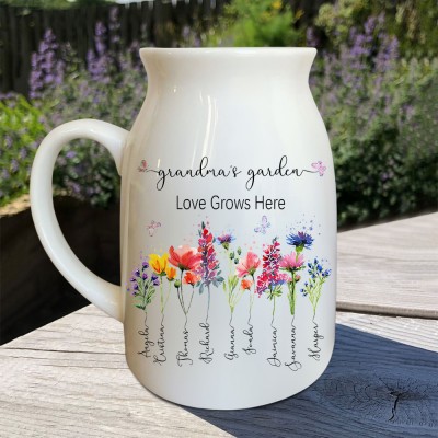 Custom Grandma's Garden Vase With Grandkids Name and Birth Flower For Mother's Day Christmas