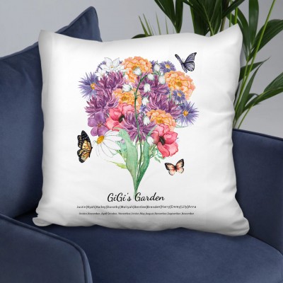 Custom Birth Flower Family Bouquet Pillow With Grandkids Name For Christmas Mother's Day