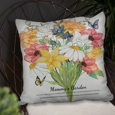 Custom Mom's Garden Birth Flower Family Bouquet Pillow With Kids Name For Christmas Mother's Day