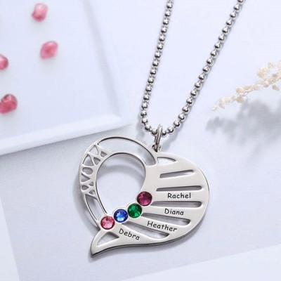 Personalized Heart Love Shape Engraved Name Necklaces with 1-6 Birthstones