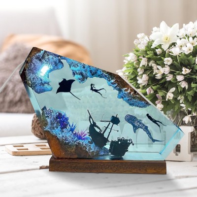 Resin Ocean Wood Lamp Whale Shark Manta Rays and Couple Diver Home Decor Christmas Gift