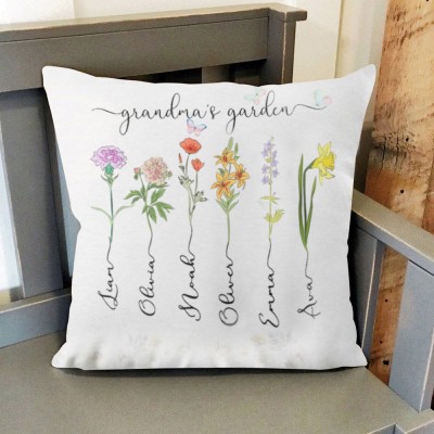 Personalized Grandma's Garden Birth Flower Pillow With Grandkids Name For Mother's Day