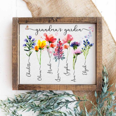 Personalized Grandma's Garden Frame Sign With Grandkids Names and Birth Flower Unique Mother's Day Gift