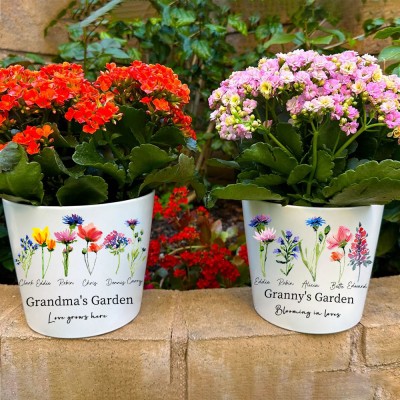 Personalized Grandma's Garden Outdoor Flower Pot With Grandchildren Name and Birth Flower For Christmas