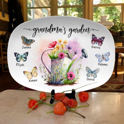 Personalized Grandma's Garden Butterfly Flower Platter With Grandkids Name For Mother's Day Christmas