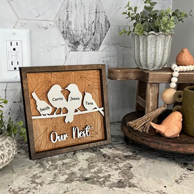 Bird Family Wood Sign With Name Engraved Home Decor Custom Gift for Mother's Day Christmas