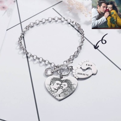 Custom Photo Engraved Tag Name Bracelet With Birthstone and Feetprint