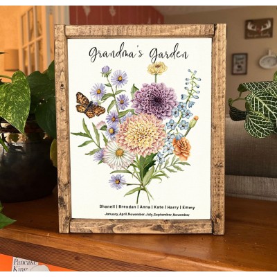 Grandma's Garden Birth Flower Family Bouquet Wood Sign Art With Grandkids Name For Christmas Mother's Day