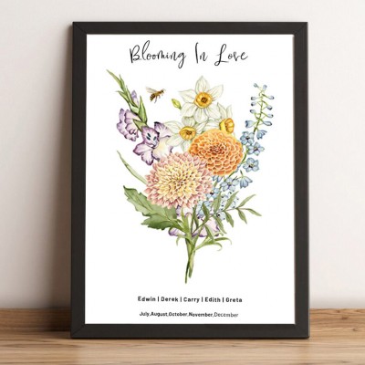 Blooming In Love Birth Flower Family Bouquet Wood Sign Art With Kids Name For Christmas Day Gift Ideas