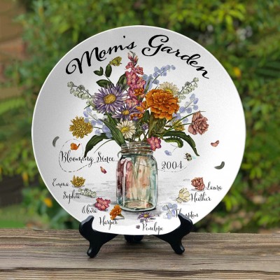 Personalized Mom's Garden Birth Flower Platter With Kids Name For Mother's Day Gift
